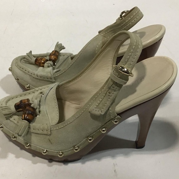 Women's Gucci Beige Suede HorseBit Tassel Slingback Heels Shoes Size 6.5B - Picture 7 of 8